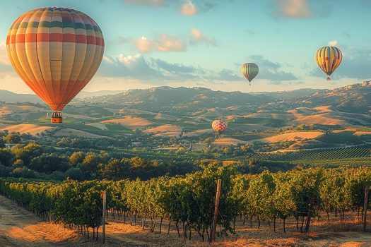 Stock banner showcasing a hot air balloon ride above stunning Napa Valley, California, United States.