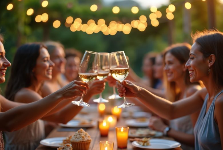 Group of happy women toasting wine glasses at dinner outdoor. Friends celebrate special occasion in vineyard garden, enjoy social gathering, summer party with drinks, appetizers. Leisure time
